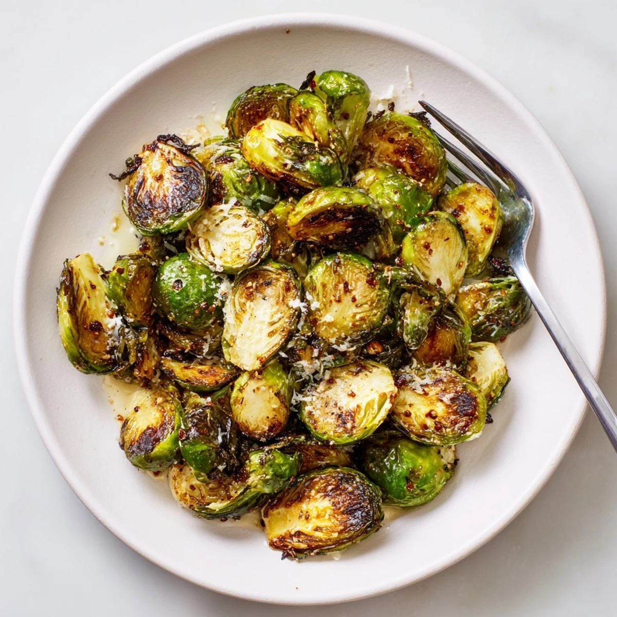 Warm Crispy Air Fryer Brussels Sprouts tossed with Parmesan, lemon zest.