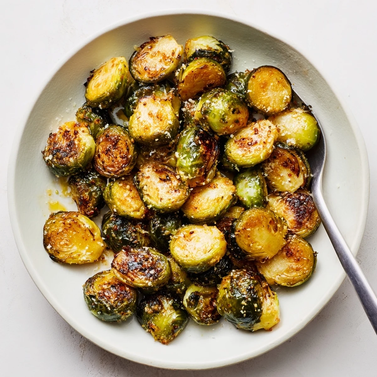 A bowl of Crispy Air Fryer Brussels Sprouts, smoky paprika and crisp texture.
