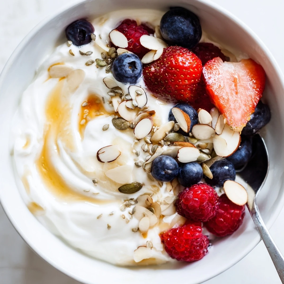 High Protein Greek Yogurt Bowl topped with mixed berries, almonds, and honey