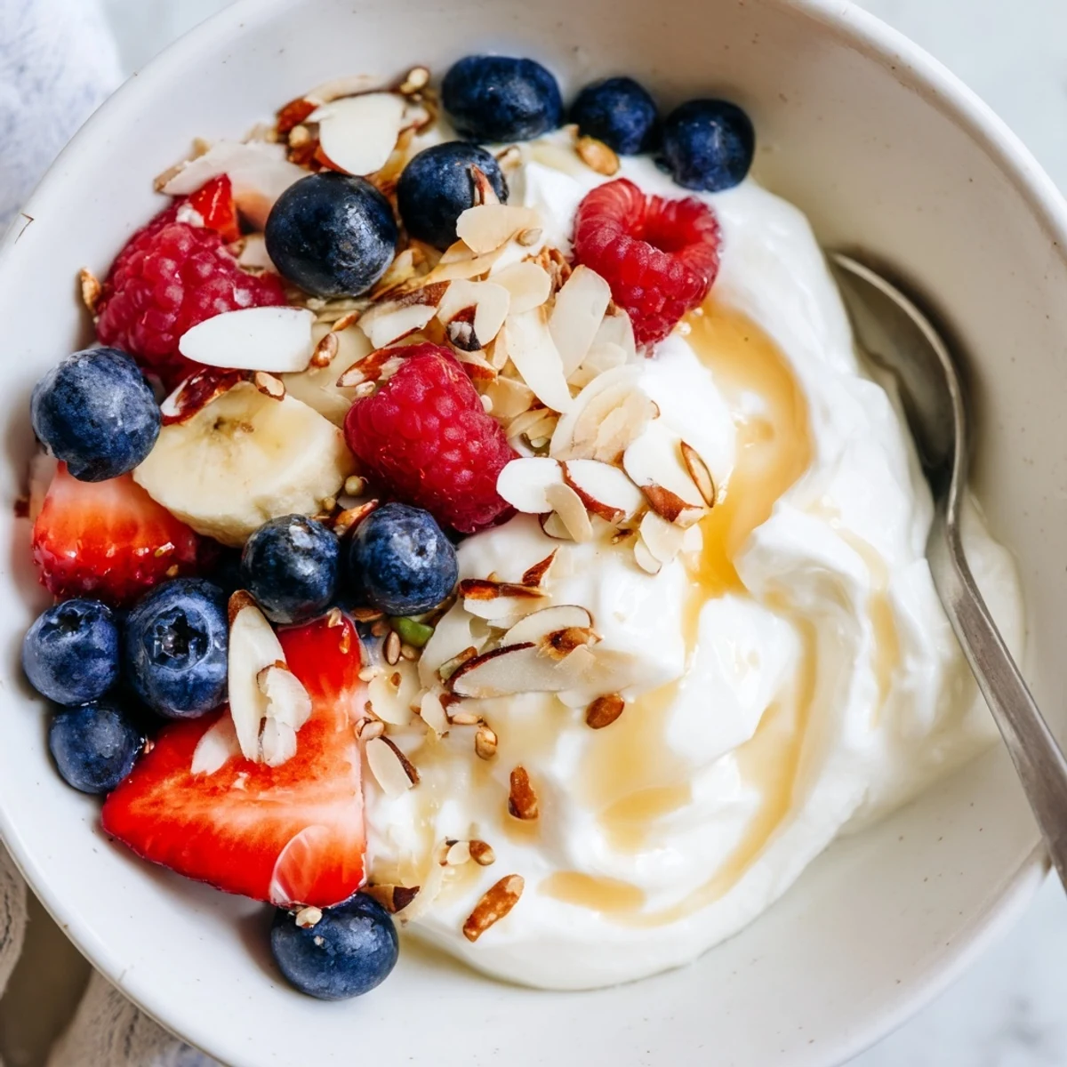 Creamy High Protein Greek Yogurt Bowl layered with sliced banana, chia seeds