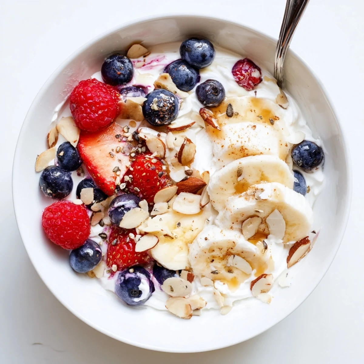 Serve chilled High Protein Greek Yogurt Bowl for breakfast, crunchy pumpkin seeds