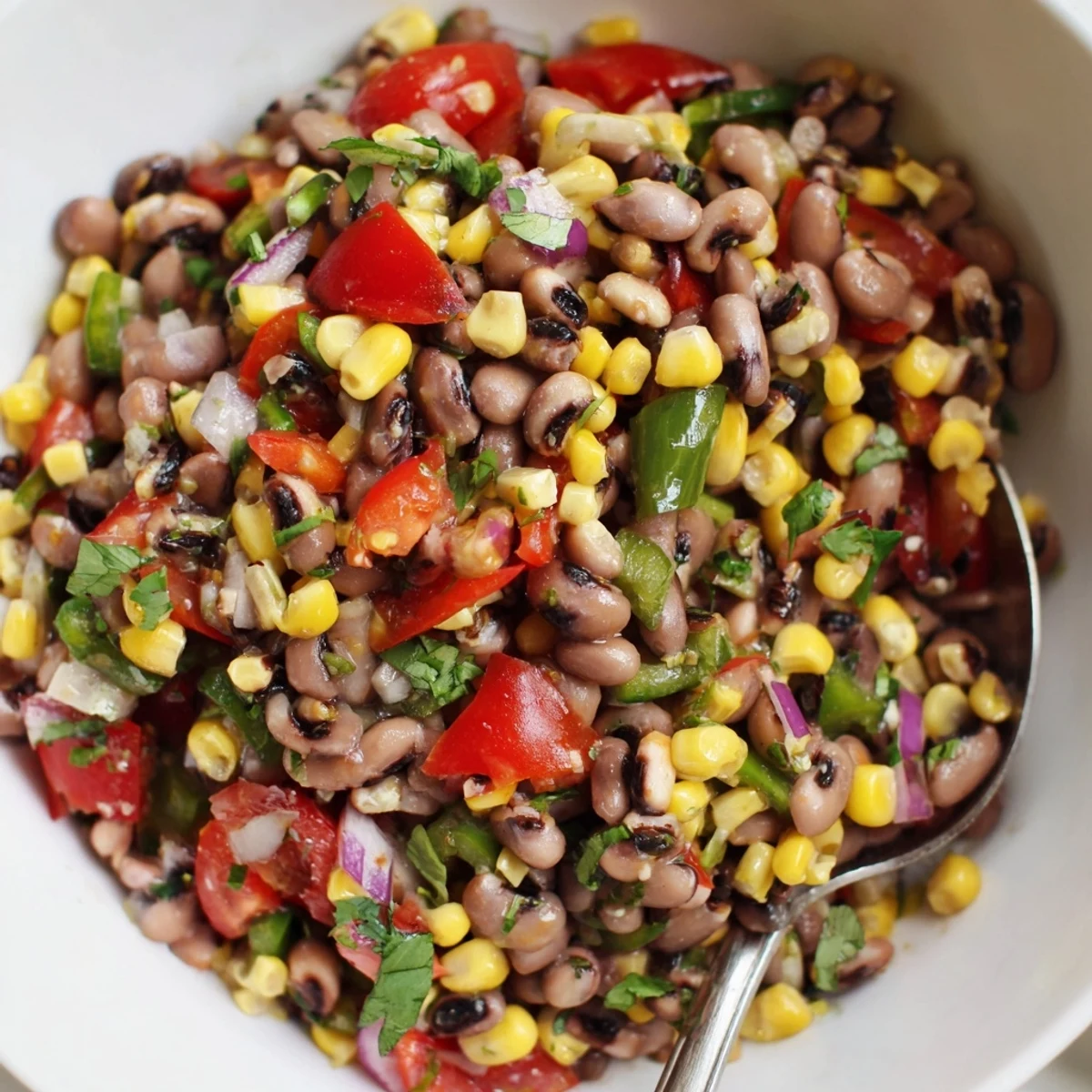 Cowgirl Caviar Recipe: colorful beans and peppers glistening with tangy dressing