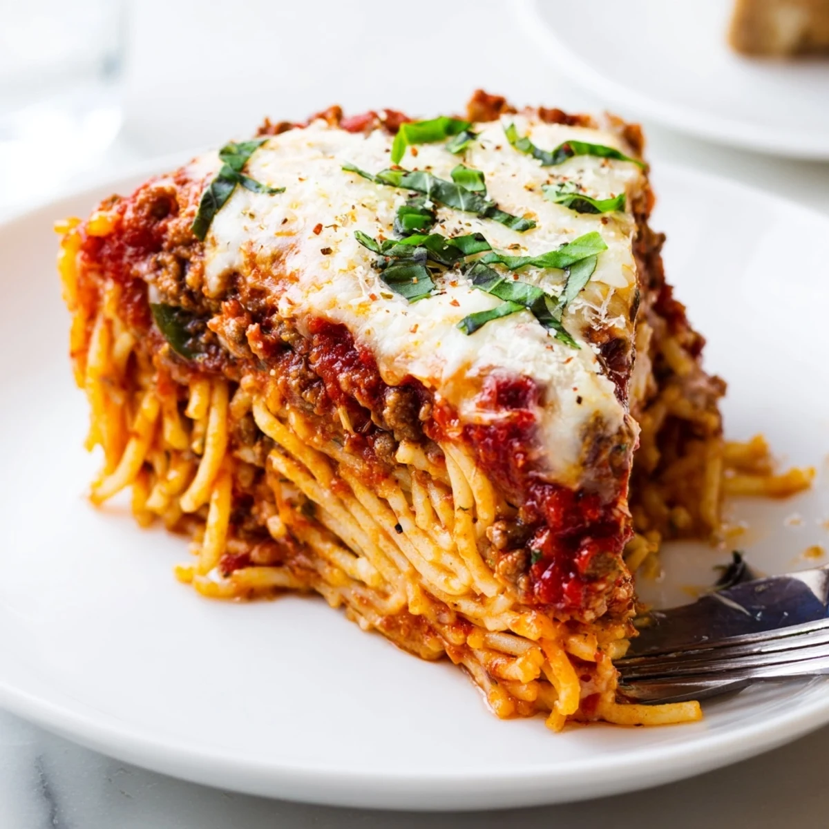 Fork-ready Spicy Spaghetti Pie oozing melted mozzarella, served with crusty bread.