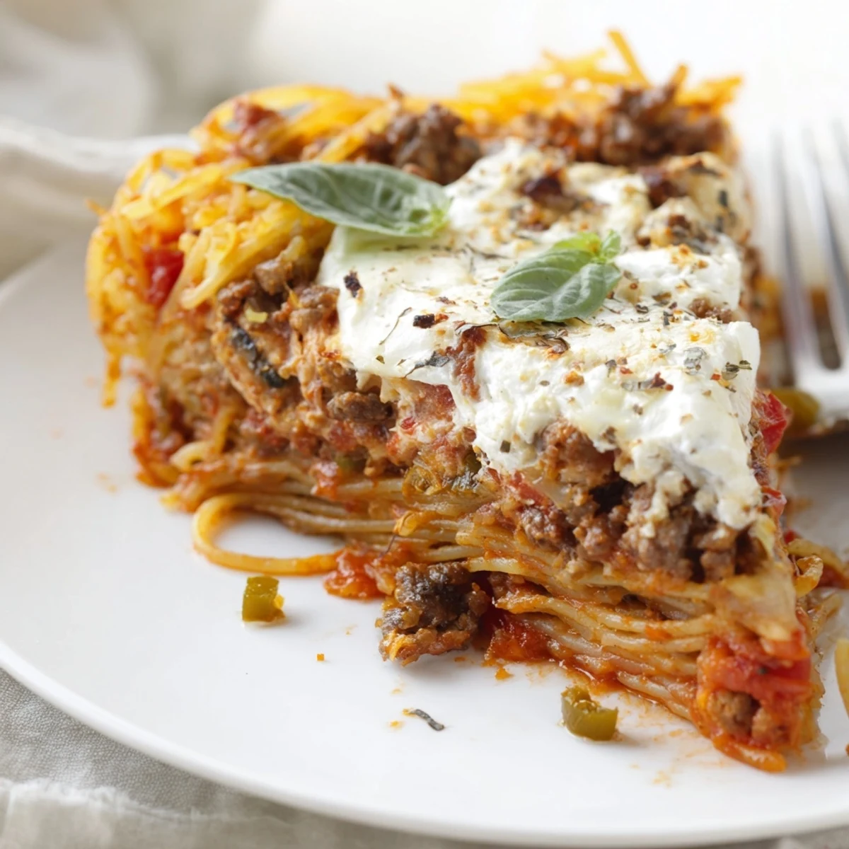 Spicy Spaghetti Pie bubbling with golden cheese, sliced and garnished with basil.