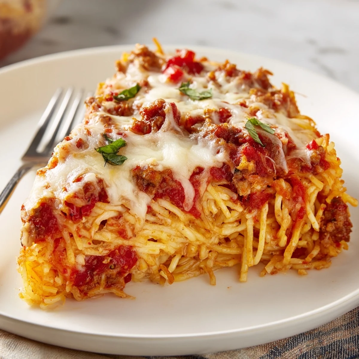 Baked Spicy Spaghetti Pie in a pie dish, golden crust and zesty aroma.