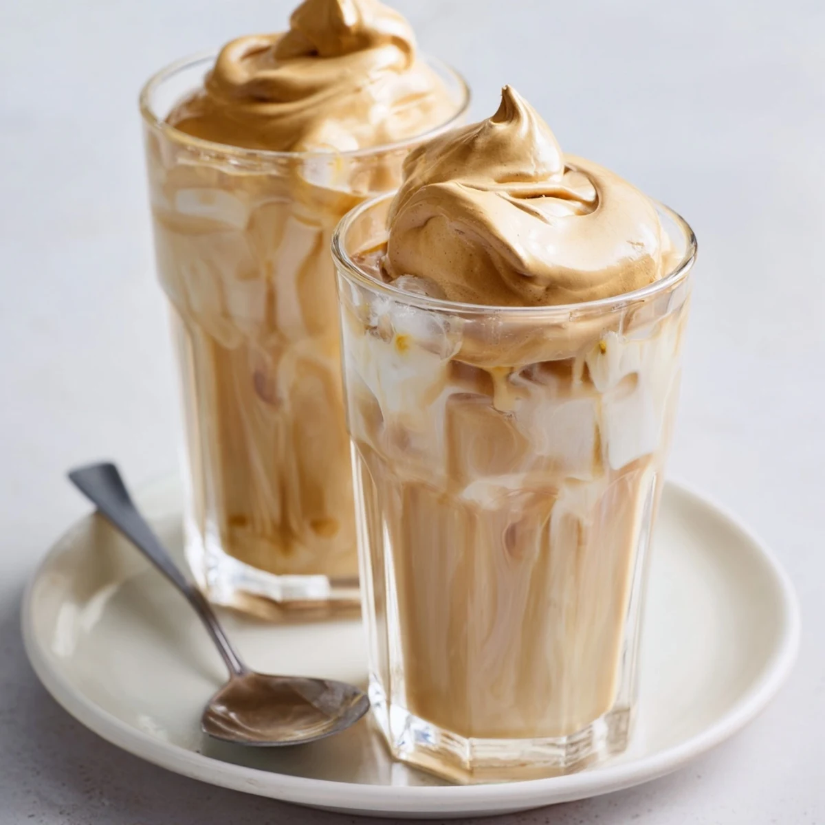 Creamy Whipped Coffee atop cold milk, frothy peaks and cocoa dusting