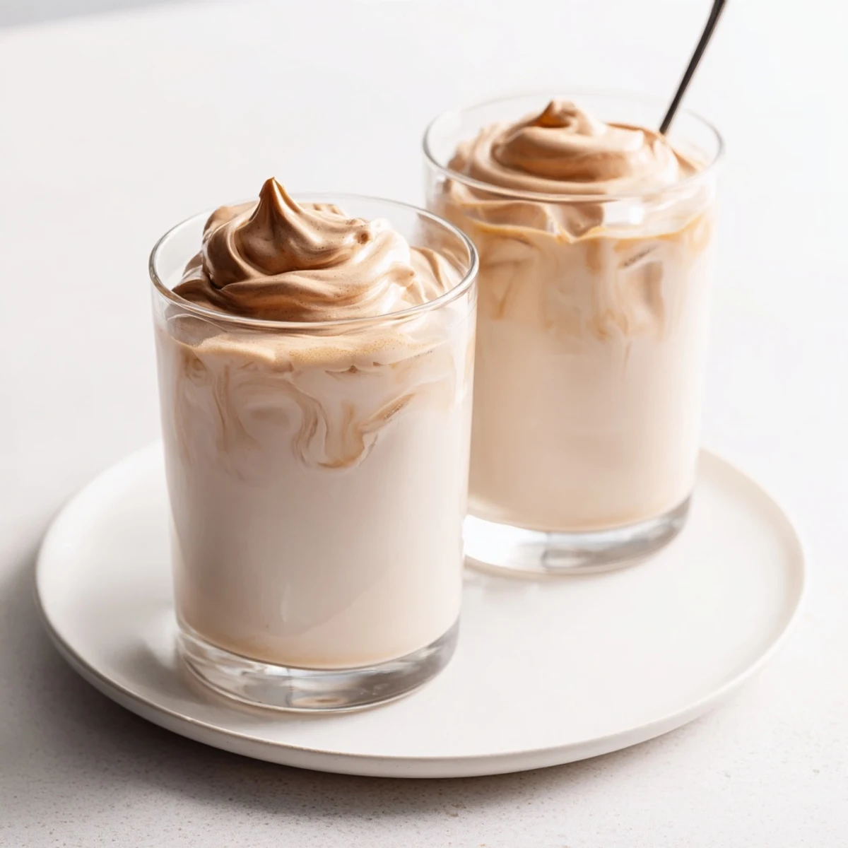 Glass of Whipped Coffee with ice, velvety foam, ready to sip