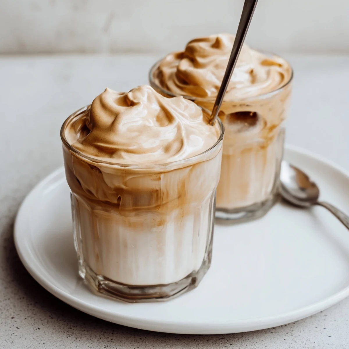 Whipped Coffee swirled into oat milk, pillowy texture and sweet aroma
