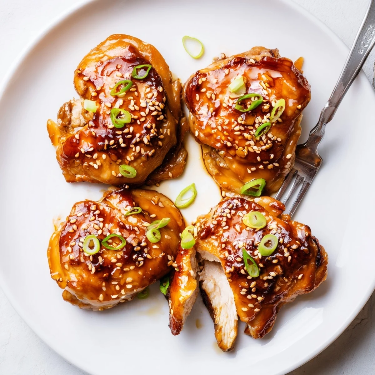 Close up of Spicy Maple Soy Chicken, juicy thighs topped with sesame.