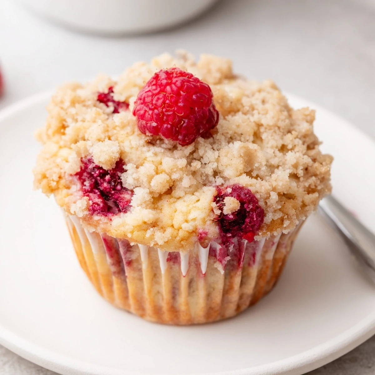 Raspberry Streusel Muffins cooling on a wire rack, crumbly topping glistening