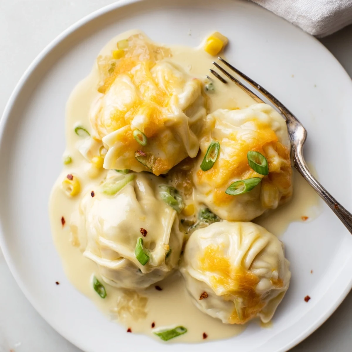 Bubbly golden Trader Joe's Soup Dumpling Bake with melted cheese and scallions