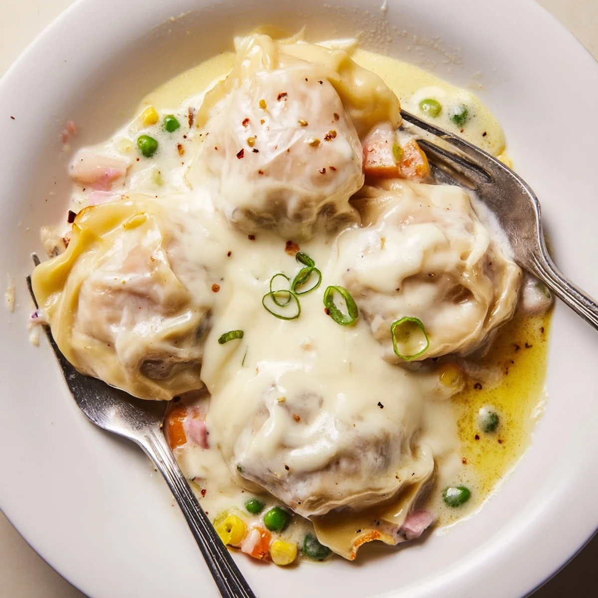 Creamy, savory Trader Joe's Soup Dumpling Bake served with sriracha drizzle