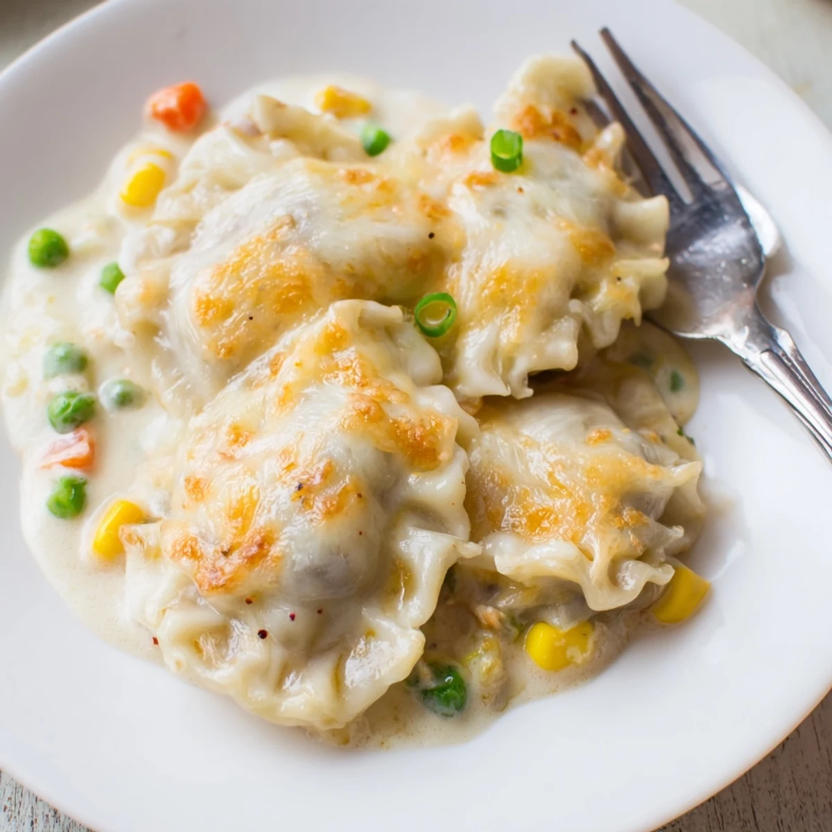Close-up of Trader Joe's Soup Dumpling Bake steaming in oven-safe skillet