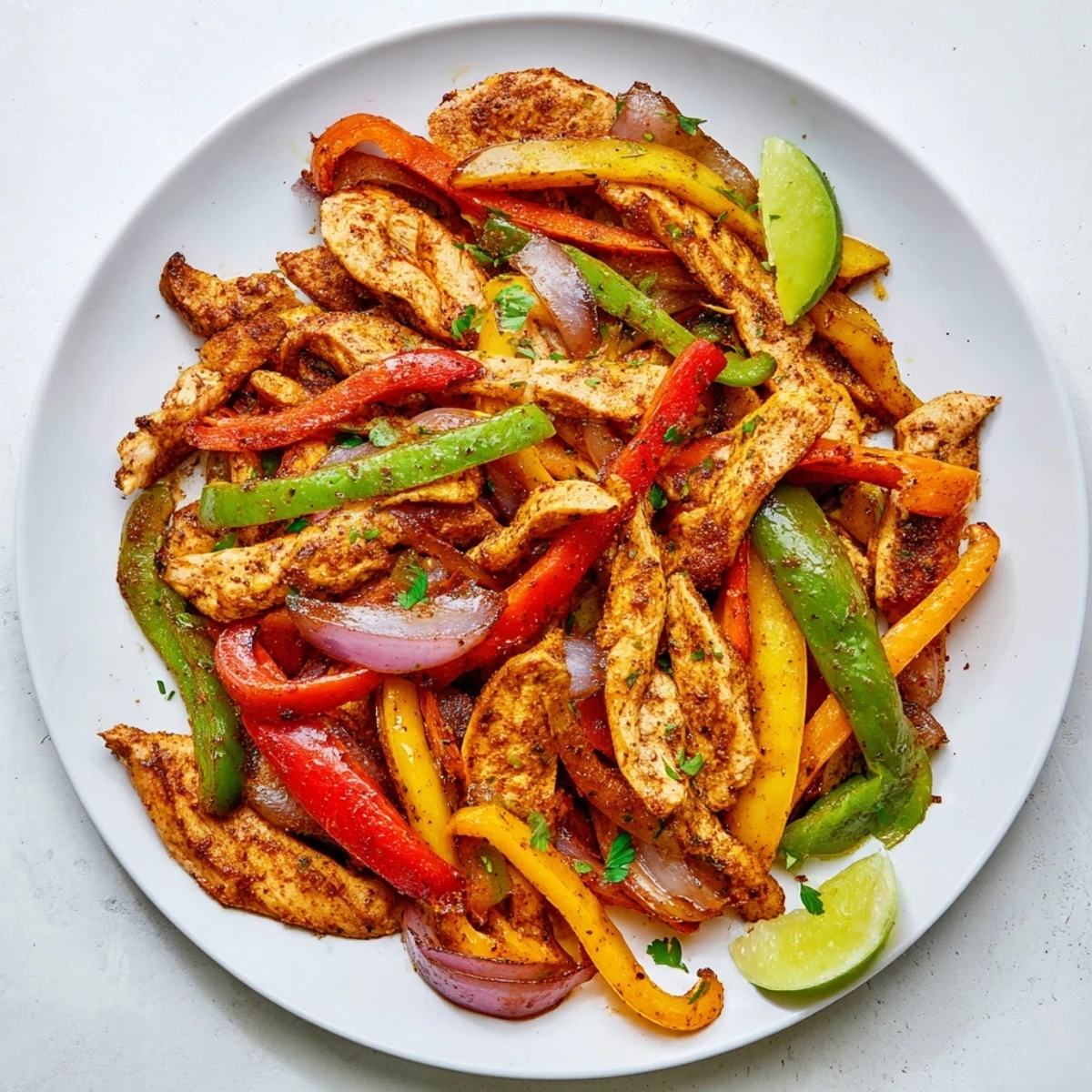 Sheet Pan Chicken Fajitas sizzling with charred peppers and lime wedges