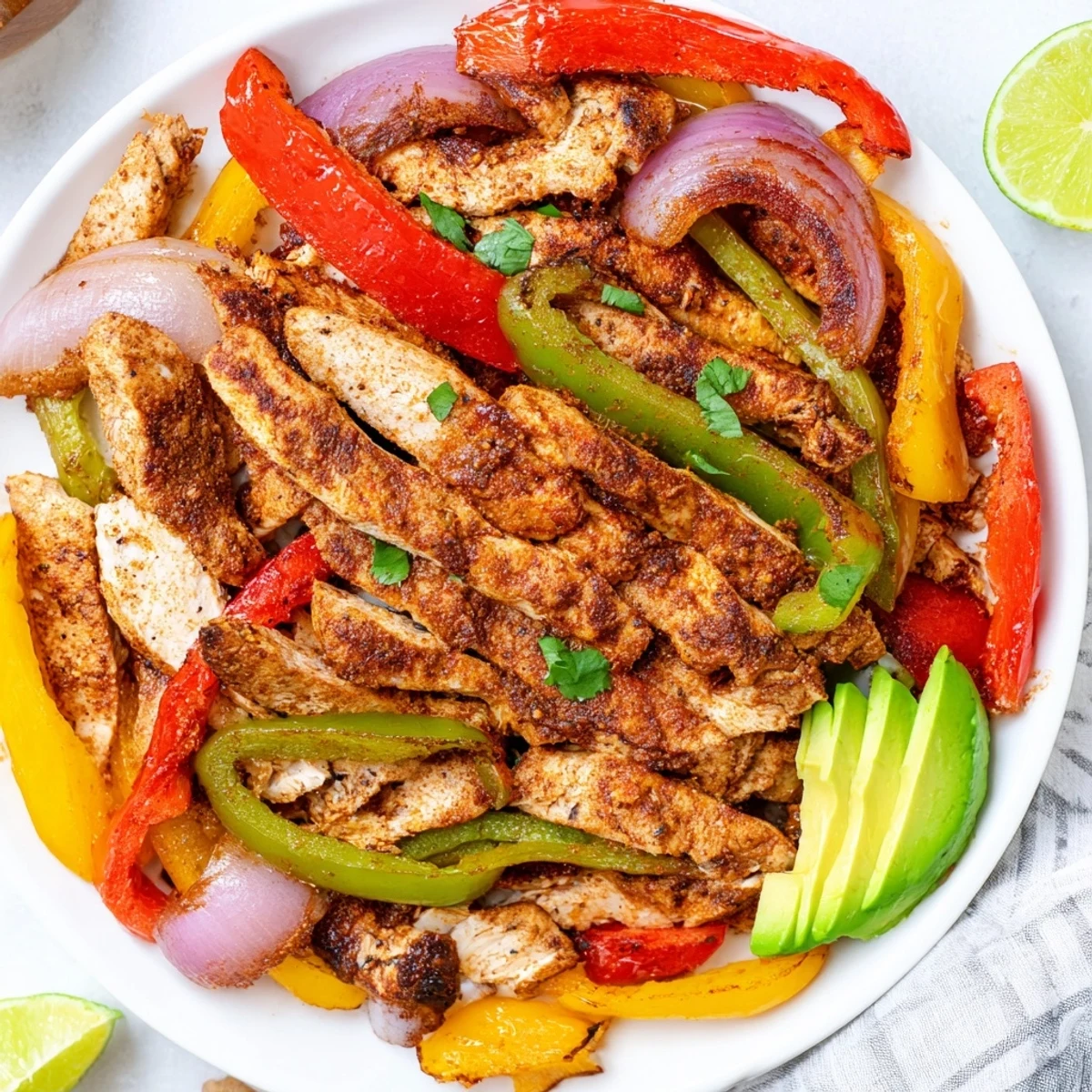Juicy Sheet Pan Chicken Fajitas on parchment, colorful peppers, served with avocado