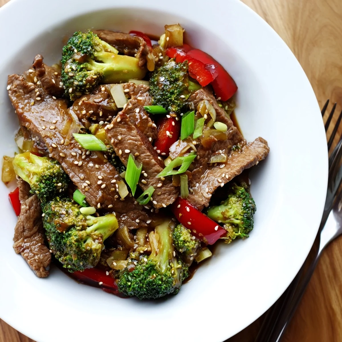 Beef And Broccoli Stir Fry glistening with garlic sauce over steamed white rice  