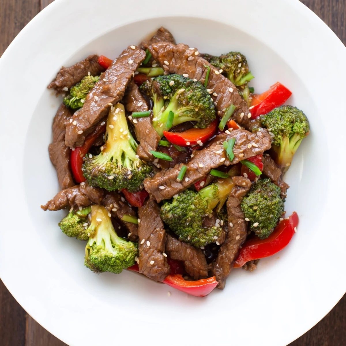 Weeknight Beef And Broccoli Stir Fry steaming in a wok, garnished with scallions