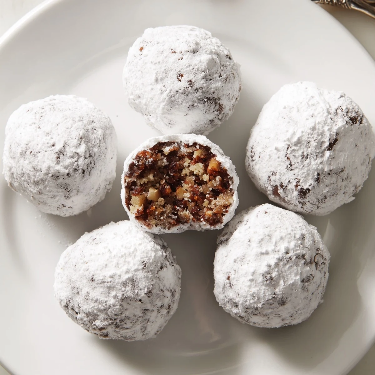 Chocolate Bourbon Balls dusted in powdered sugar on parchment, rustic holiday tray
