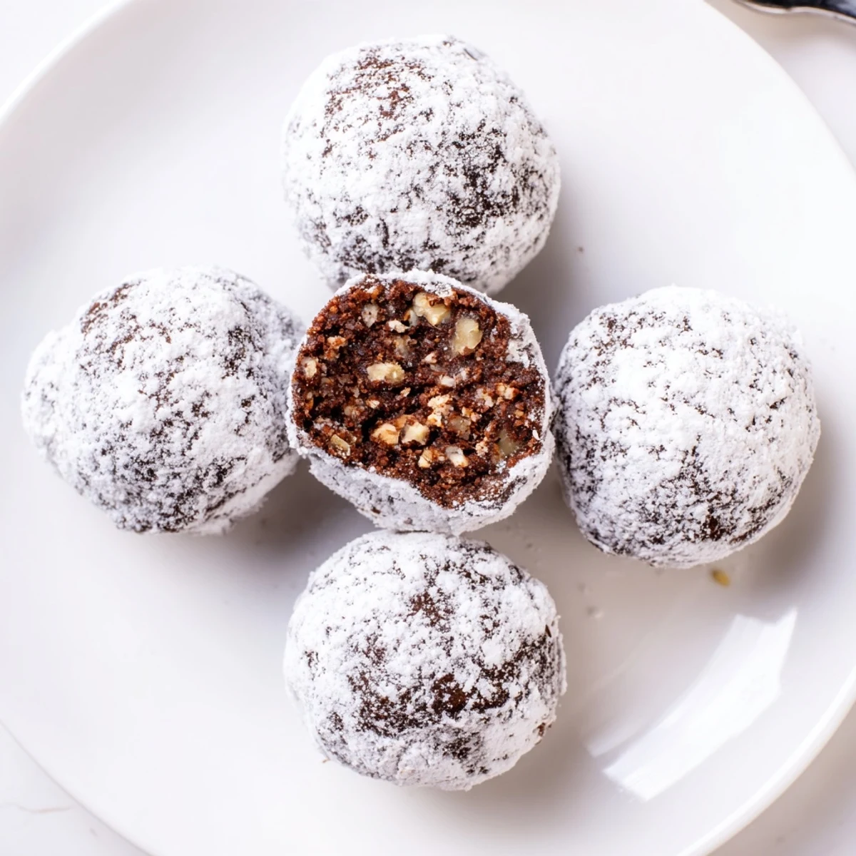 Plate of Chocolate Bourbon Balls with cocoa dust, warm bourbon aroma suggested