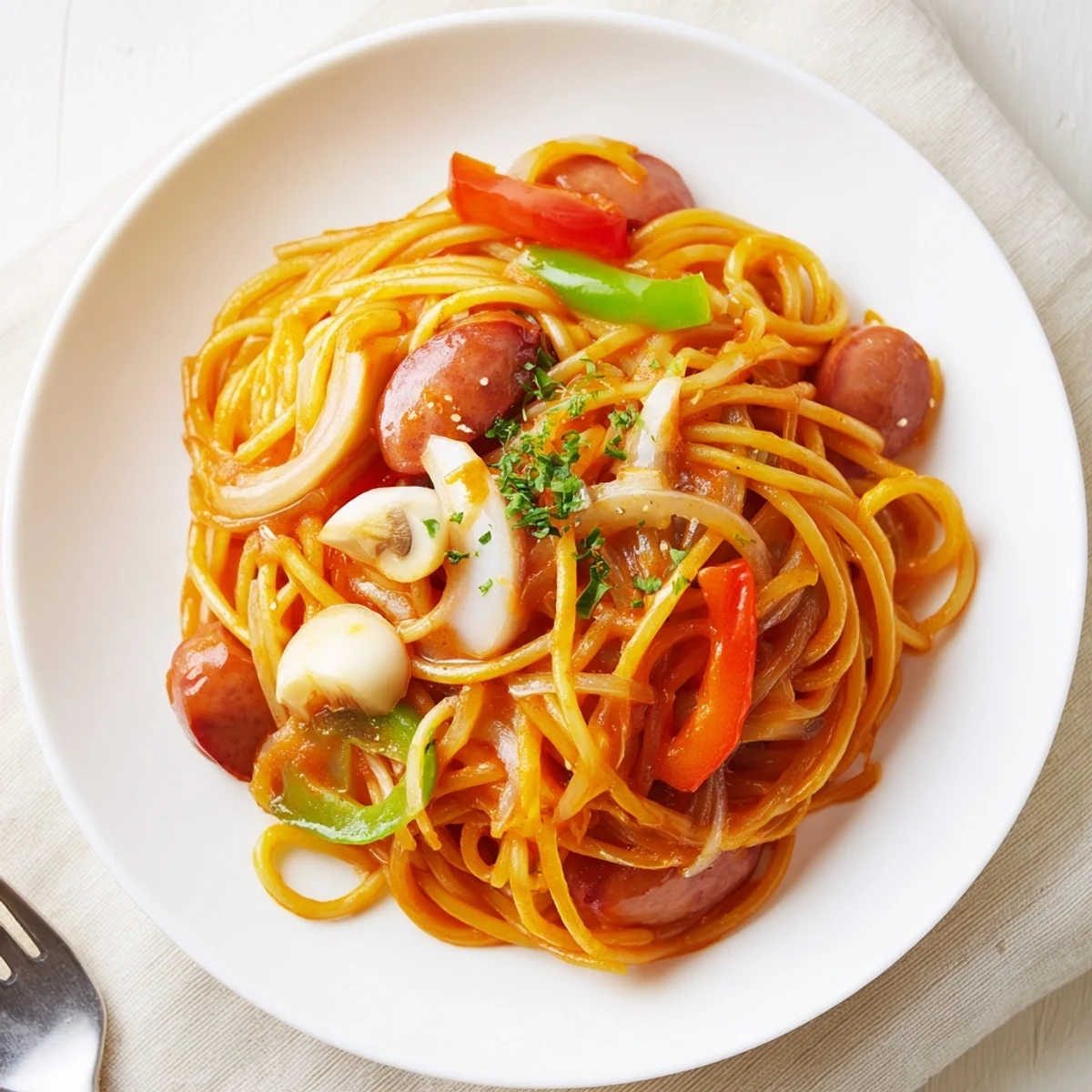 Spaghetti Napolitan glistening in sweet ketchup sauce with sauteed peppers and steam