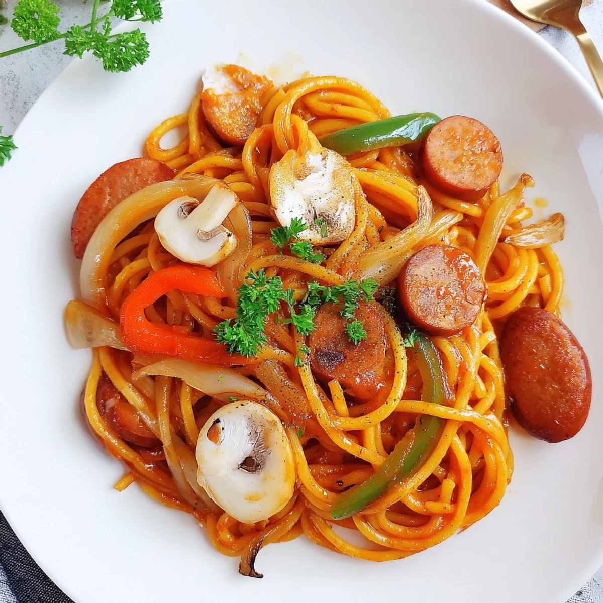Warm Spaghetti Napolitan tossed in skillet with browned sausage and grated Parmesan