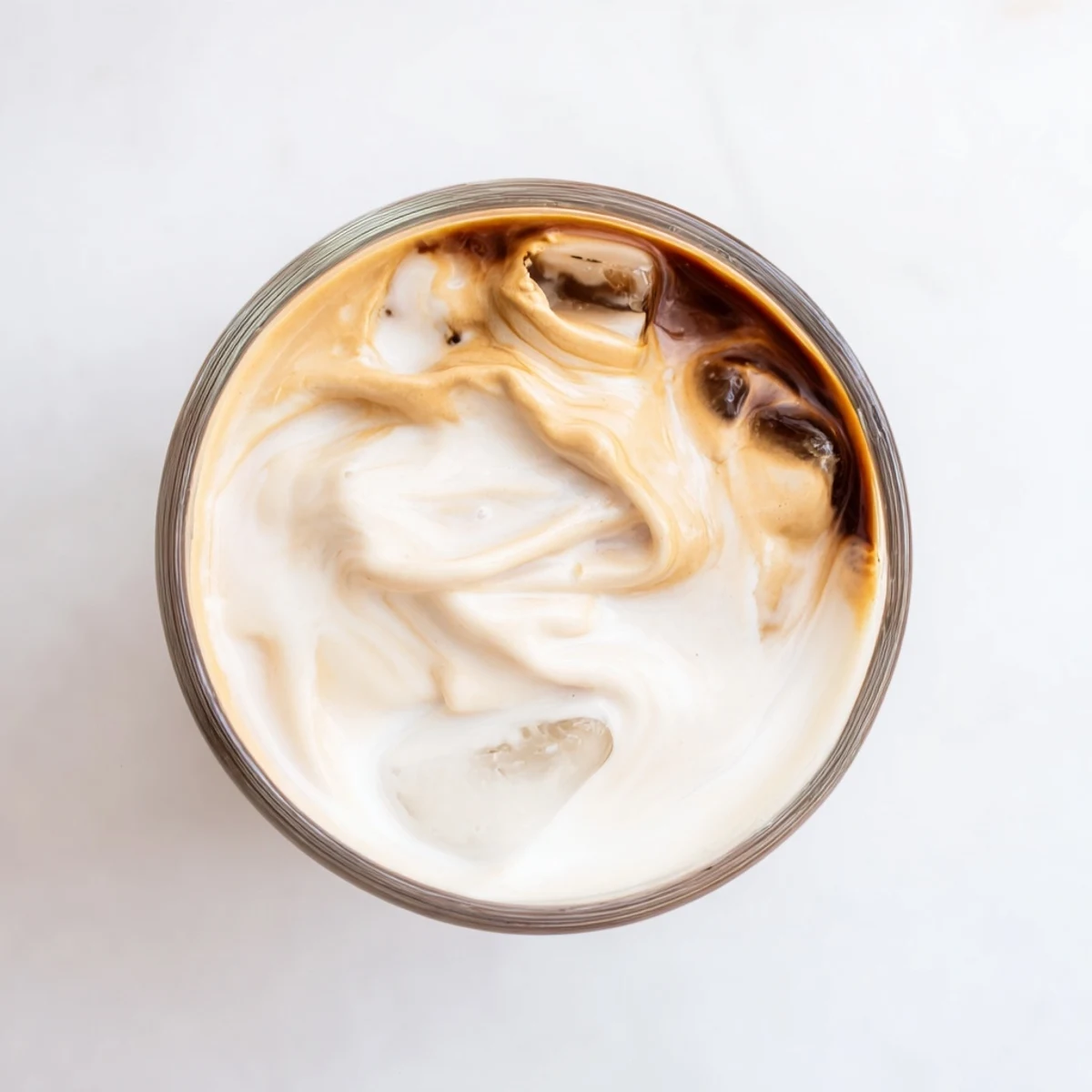 Glass of Dalgona Coffee with thick whipped coffee foam floating over cold milk and ice