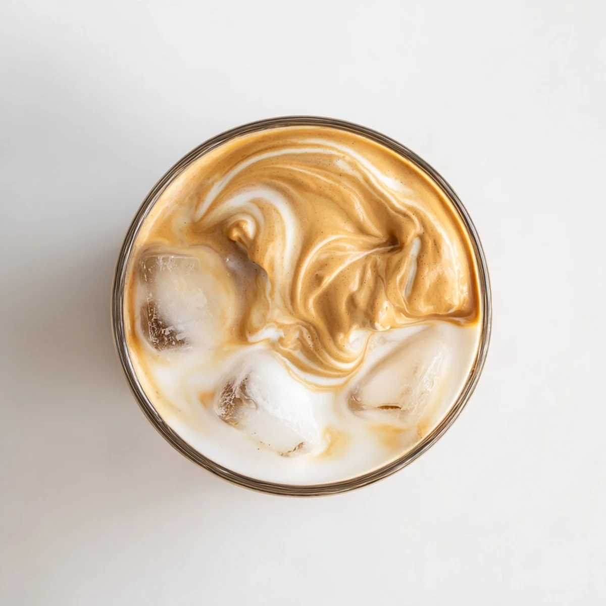 Dalgona Coffee showing layered frothy coffee topping resting atop chilled milk in a clear glass