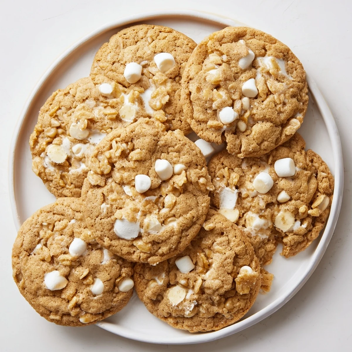 Golden chewy Rice Krispie Treat Cookies studded with melted marshmallows and crispy cereal bits on a baking sheet