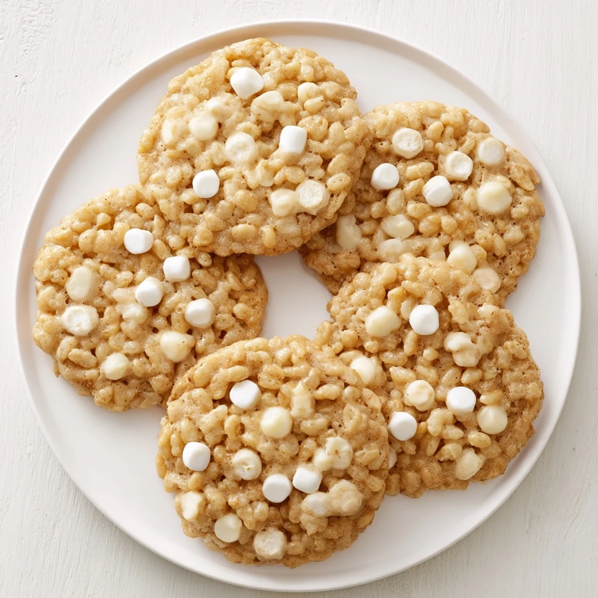 Soft homemade Rice Krispie Treat Cookies featuring gooey marshmallow swirls and white chocolate chips for a nostalgic dessert
