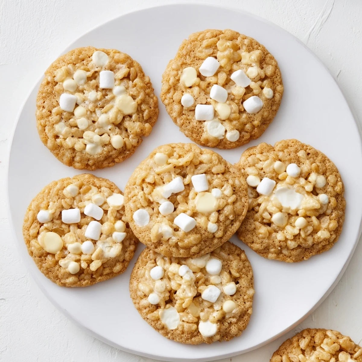 Freshly baked Rice Krispie Treat Cookies with lightly golden edges and a fluffy marshmallow cereal texture on a wire rack