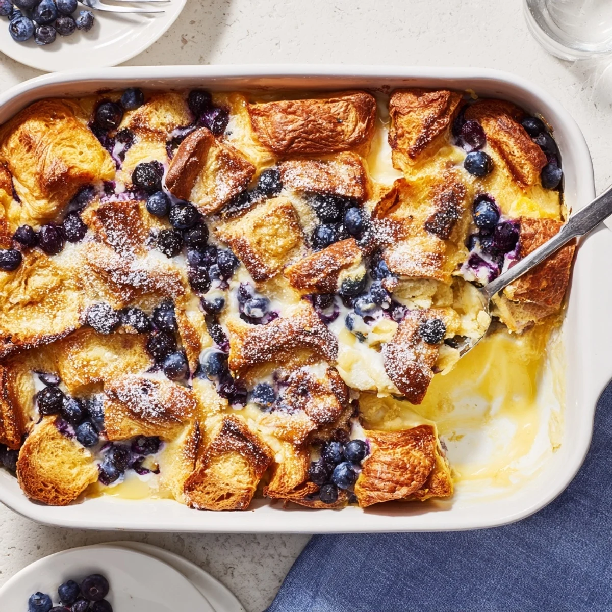 Golden baked blueberry cream cheese croissant casserole with powdered sugar dusting on top
