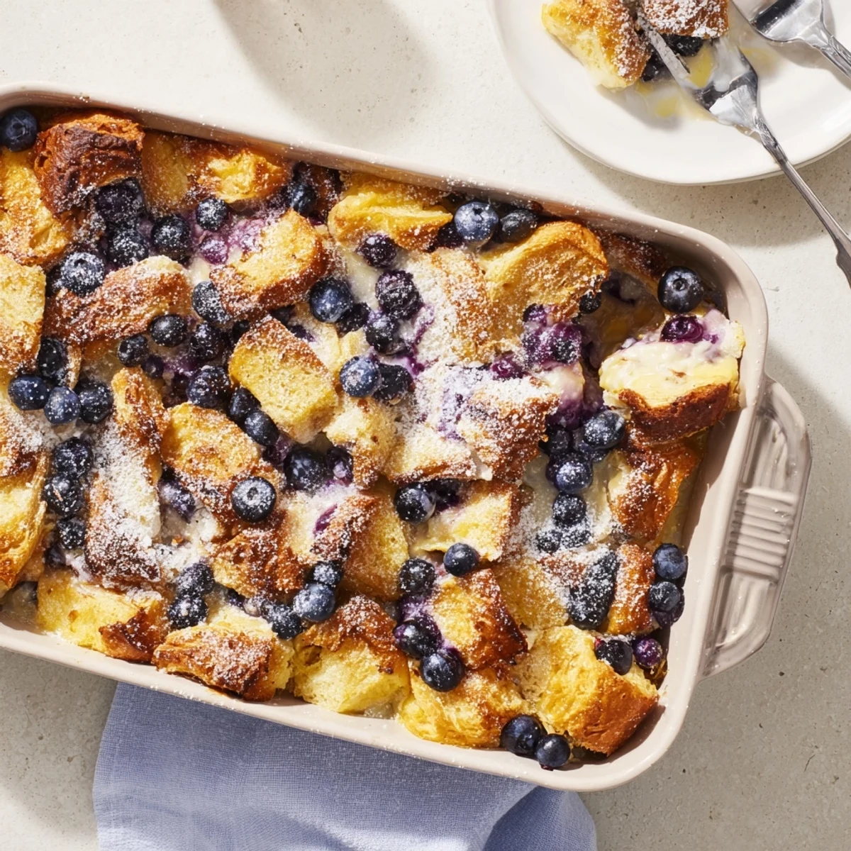 Breakfast casserole featuring buttery croissants, fresh blueberries, and creamy custard baked until golden