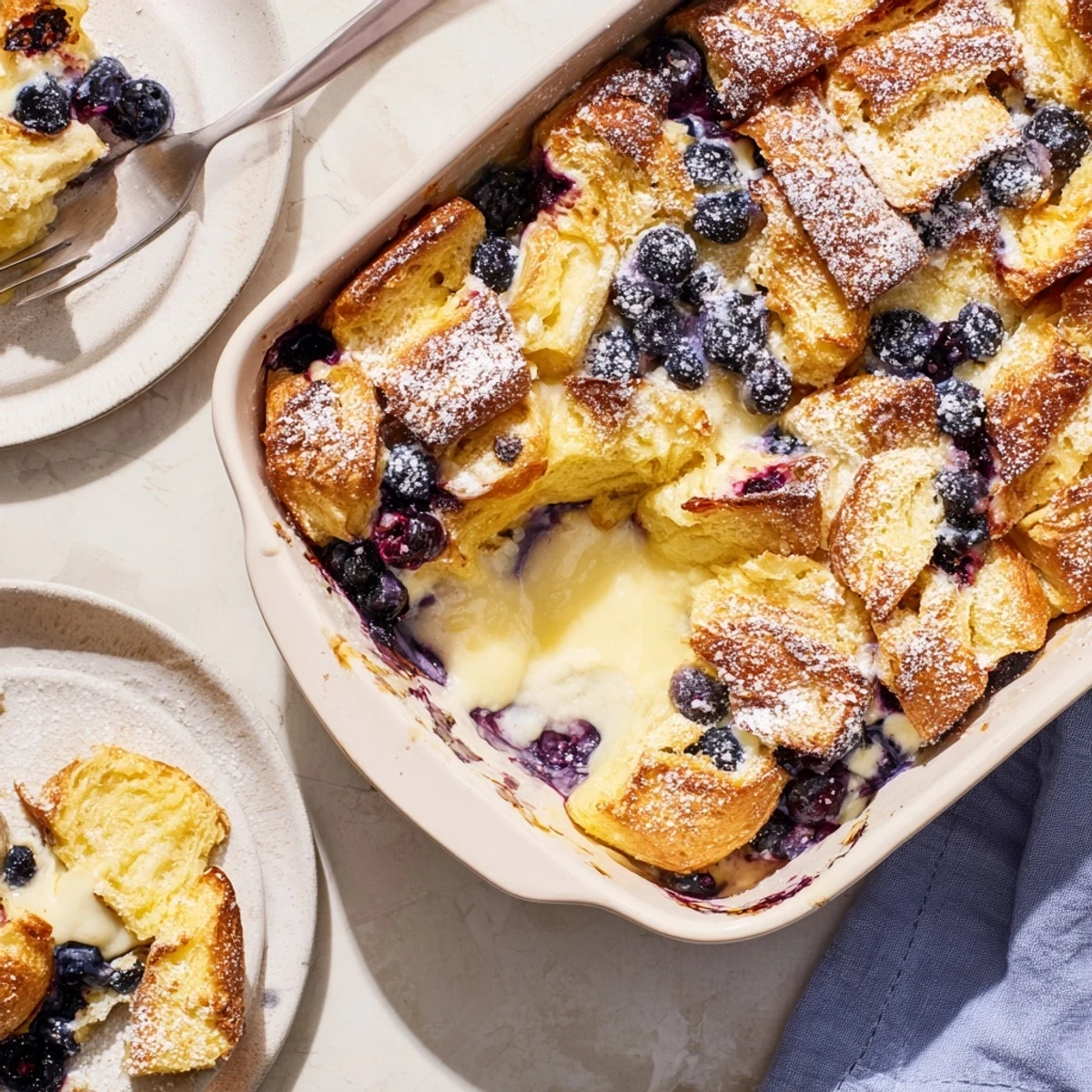 Warm blueberry cream cheese croissant casserole served in a square baking dish with sweet blueberry layers visible throughout