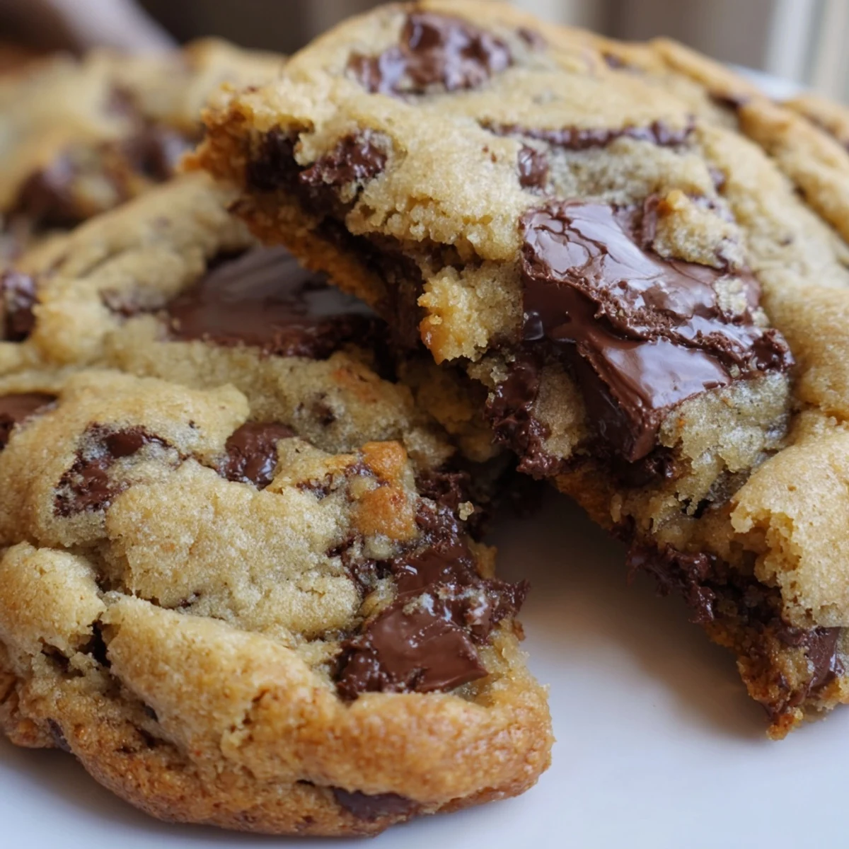 Freshly baked chewy chocolate chip cookies with golden edges and melting chocolate chunks on a wire cooling rack