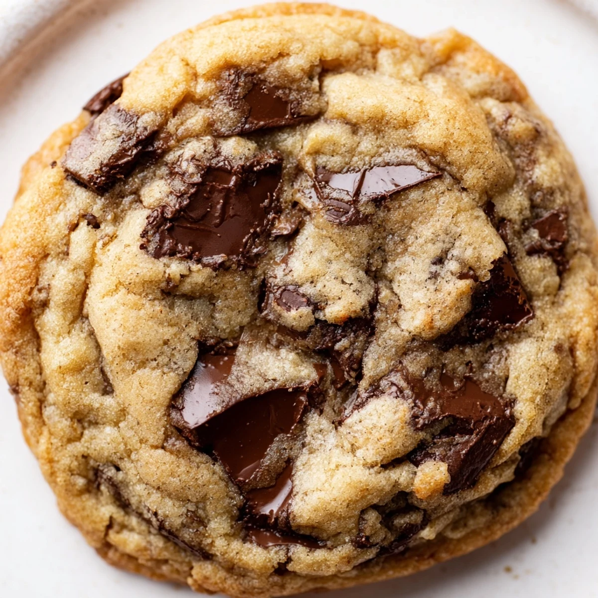 Warm homemade chewy chocolate chip cookies stacked on a wooden board with visible pockets of rich semisweet chocolate