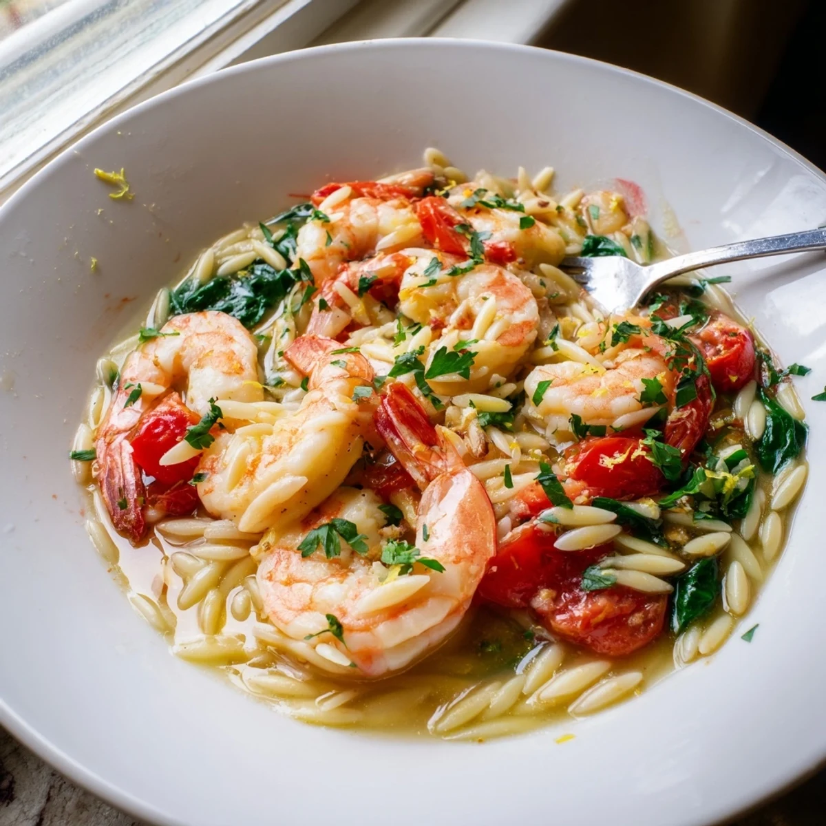 Golden pan-seared shrimp nestled among bright lemon orzo with wilted spinach and fresh parsley garnish