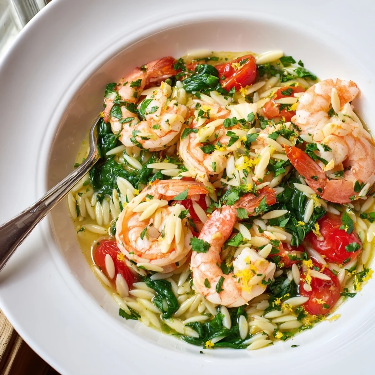 Mediterranean-style lemon shrimp and orzo recipe finished with lemon wedges and herbs in a rustic skillet