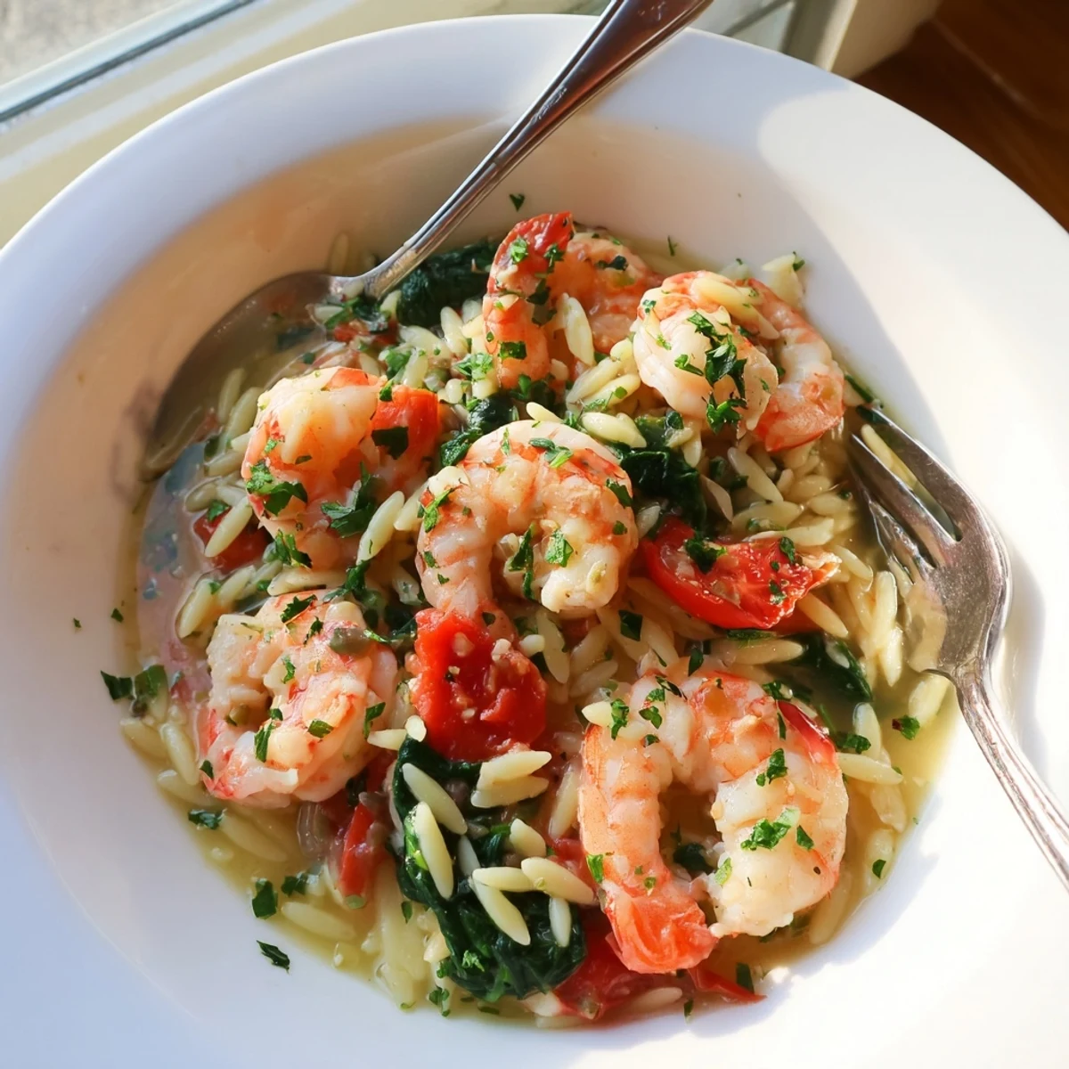 One-pan lemon shrimp and orzo skillet featuring plump seafood, cherry tomatoes, and tender pasta in savory broth