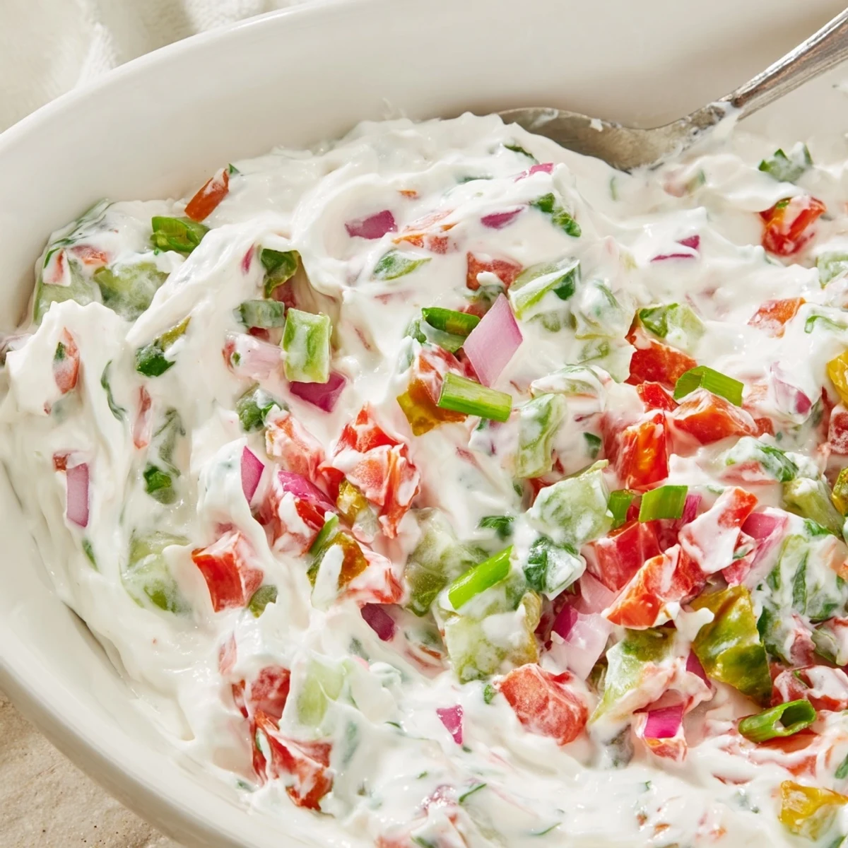 Creamy Grillos Pickle De Gallo Ranch Dip topped with vibrant tomato and cilantro in a white serving bowl