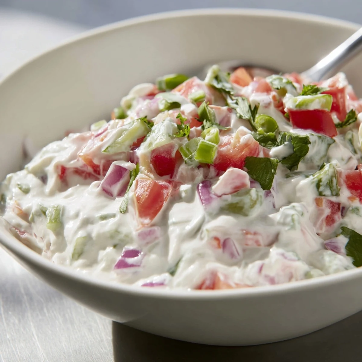 Thick white layer of Grillos Pickle De Gallo Ranch Dip speckled with red onion, jalapeño, and green onions