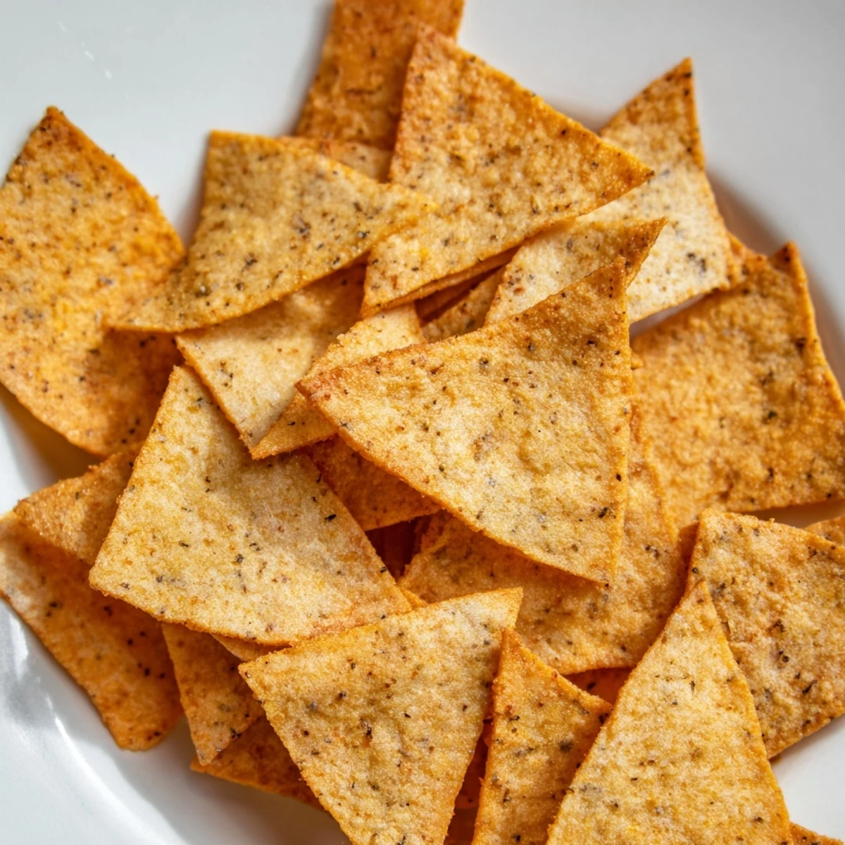 Golden crispy chickpea chips scattered on a wooden board with a small bowl of hummus