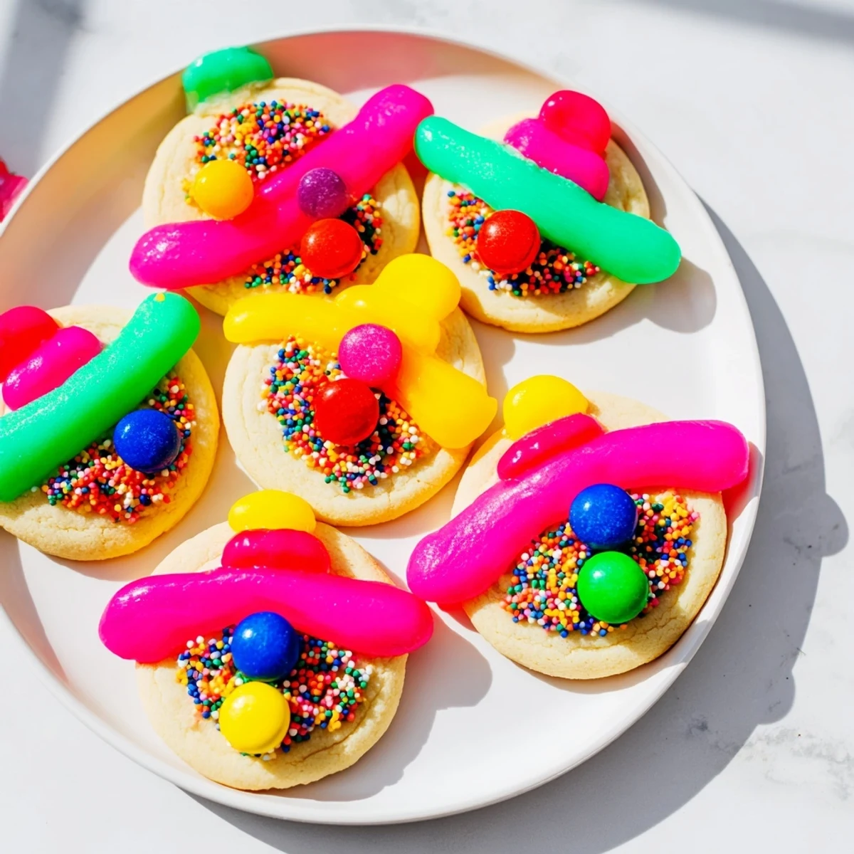 Mexican-inspired sugar cookies shaped like sombreros decorated with vibrant icing and candy accents