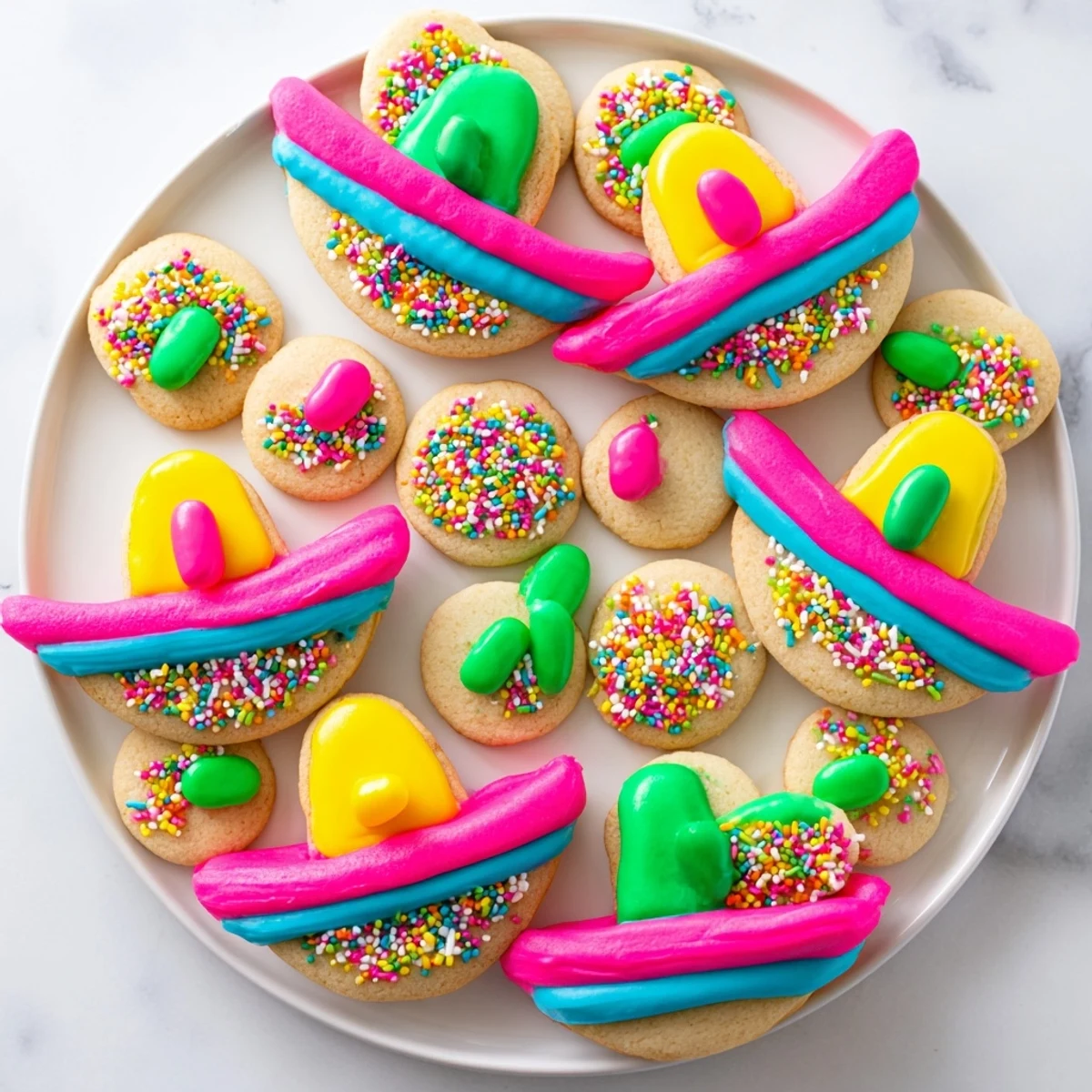 Festive Cinco De Mayo Sombrero Cookies topped with colorful gumdrops and bright sprinkles