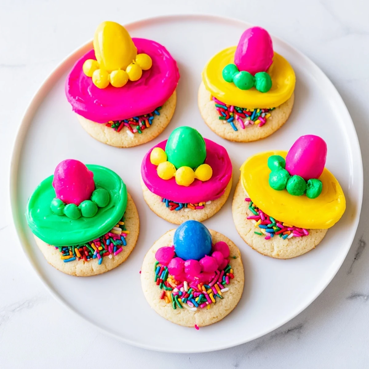 Colorful Cinco De Mayo Sombrero Cookies arranged on platter ready for holiday party serving