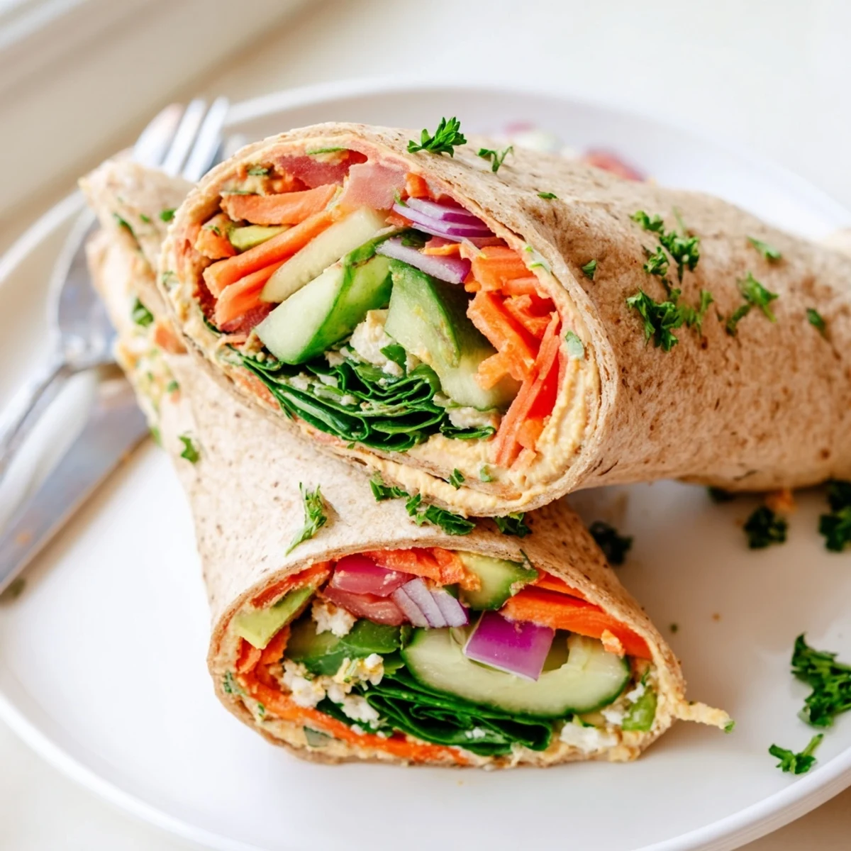 Golden whole wheat tortilla wrapped around creamy hummus and crisp colorful fresh vegetables