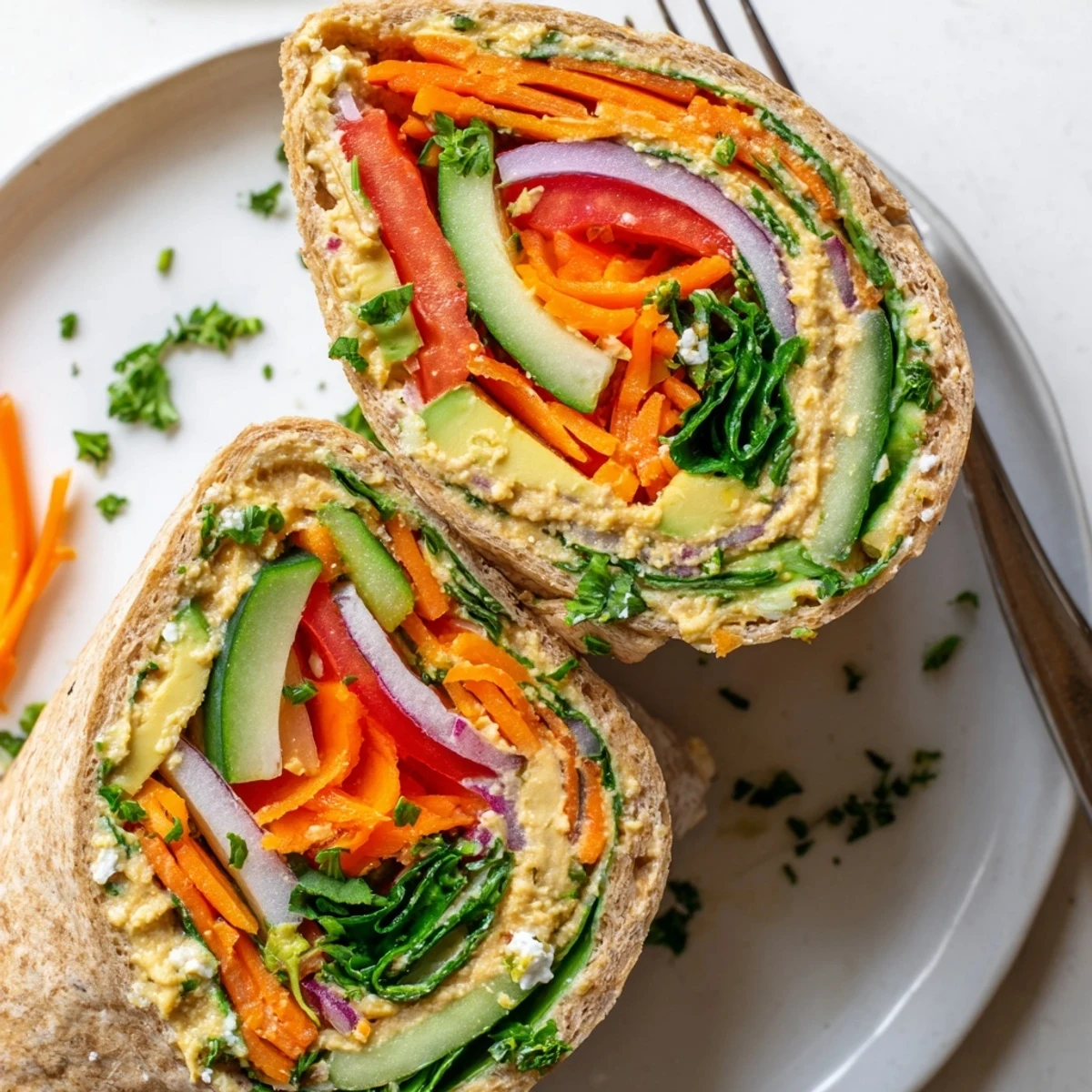  Mediterranean-style hummus veggie wrap sliced diagonally revealing layers of spinach carrots cucumber and peppers