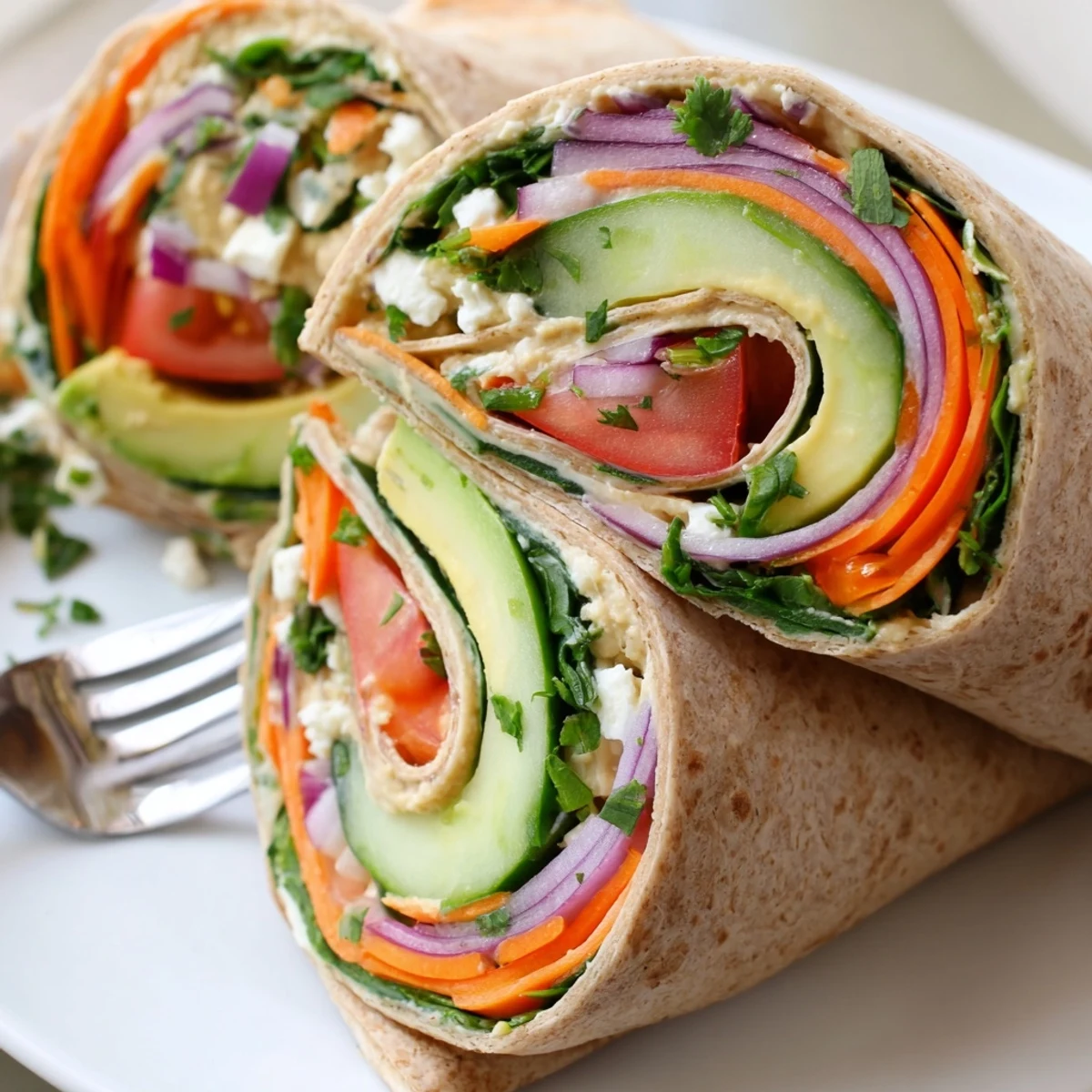 Healthy homemade hummus veggie wrap rolled tight with vibrant bell pepper and cucumber strips
