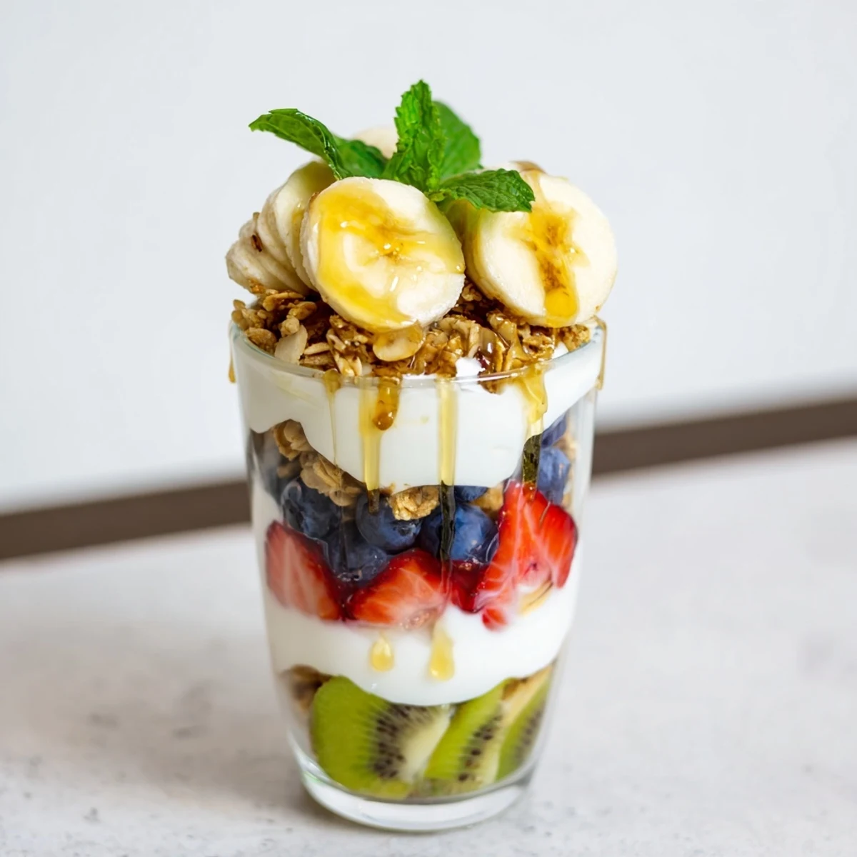 Healthy yogurt parfait recipe featuring creamy Greek yogurt, mixed berries, kiwi, and sweet honey swirl