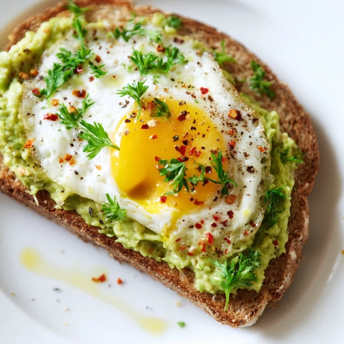 Golden toasted bread layered with creamy mashed avocado and a perfectly cooked runny egg