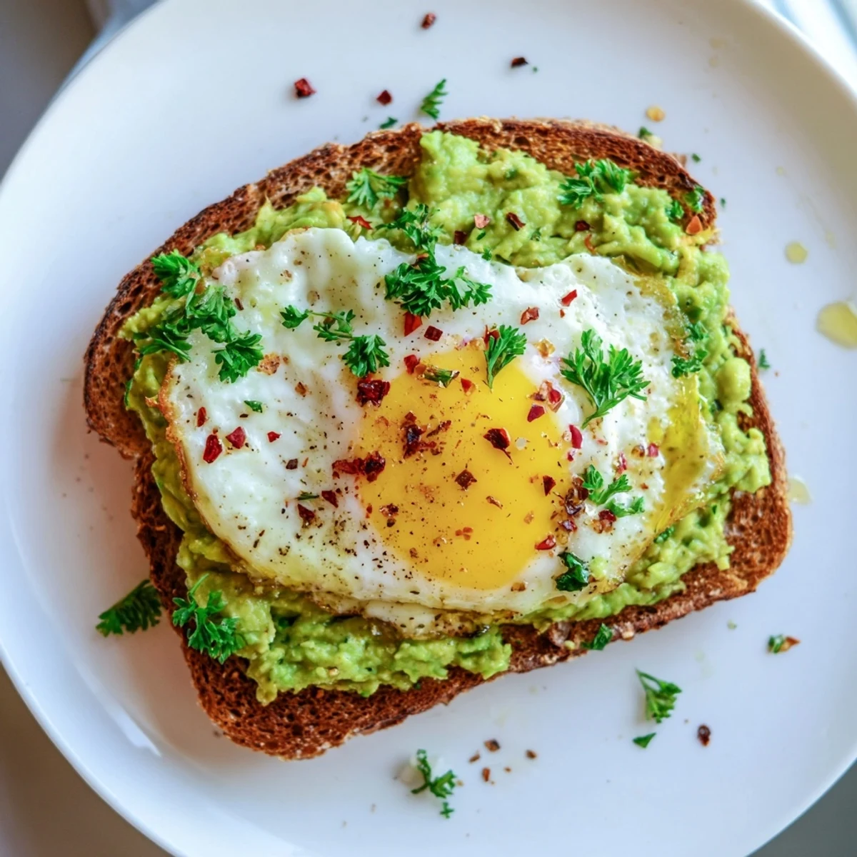 Fried egg resting on smashed avocado spread over crispy sourdough for an easy vegetarian breakfast